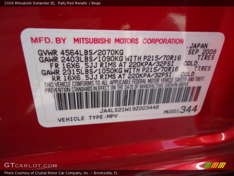 Info Tag of 2009 Outlander ES
