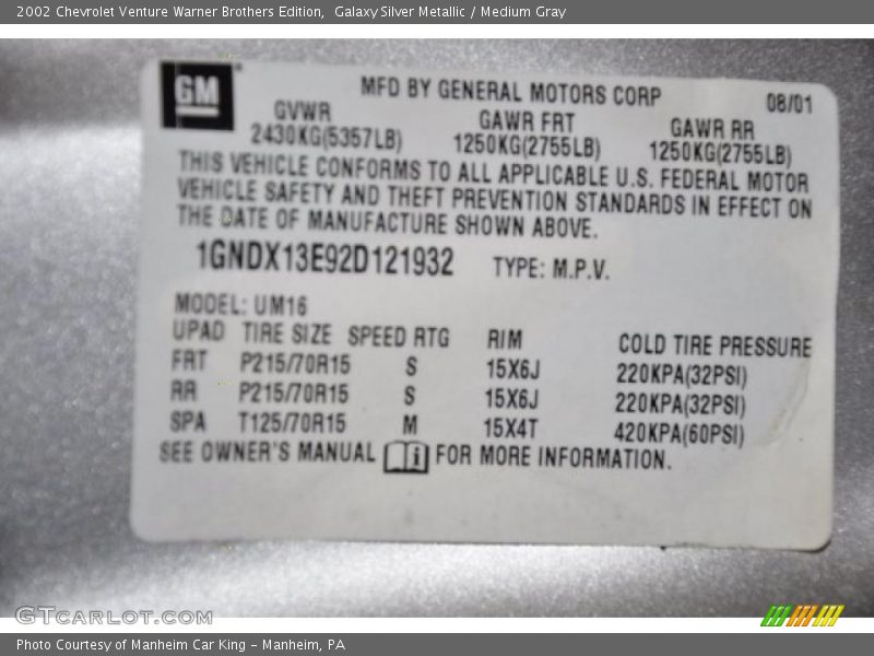 Info Tag of 2002 Venture Warner Brothers Edition