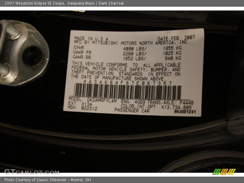 Kalapana Black / Dark Charcoal 2007 Mitsubishi Eclipse SE Coupe