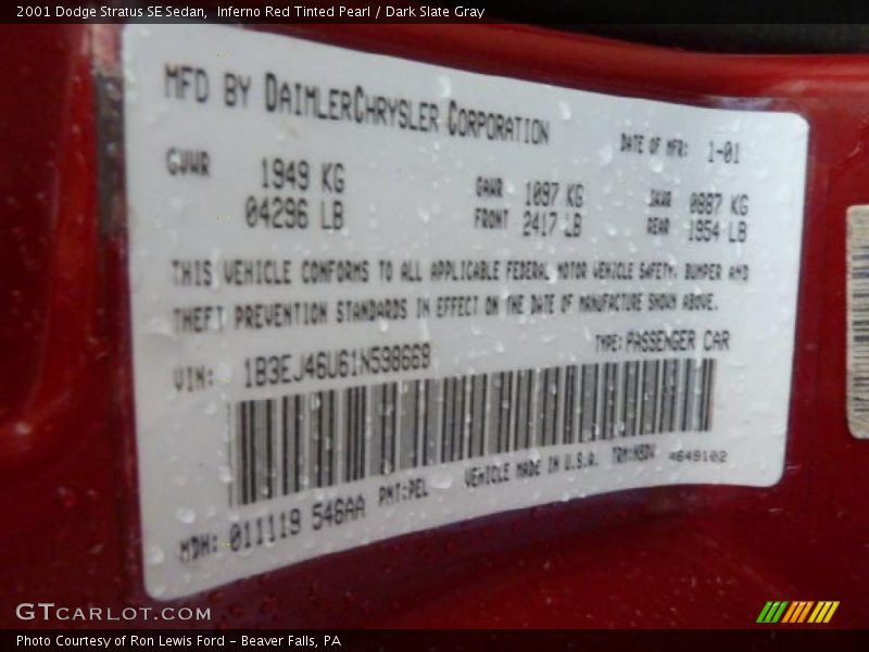 Inferno Red Tinted Pearl / Dark Slate Gray 2001 Dodge Stratus SE Sedan