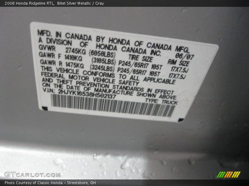 Billet Silver Metallic / Gray 2008 Honda Ridgeline RTL