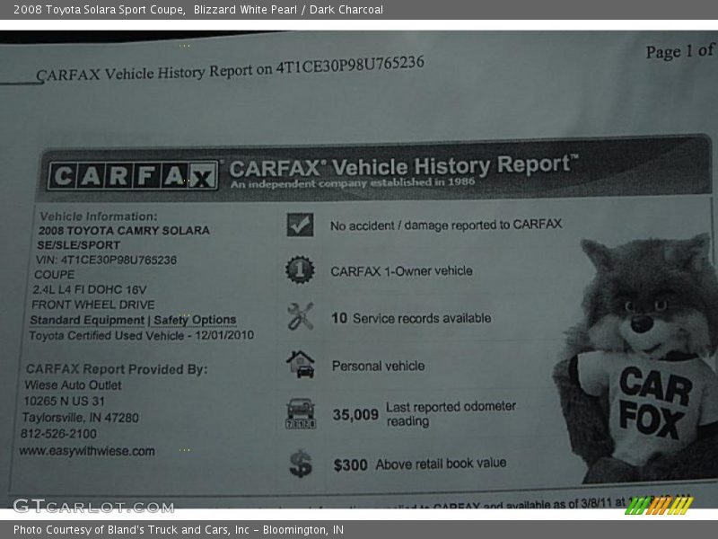 Blizzard White Pearl / Dark Charcoal 2008 Toyota Solara Sport Coupe