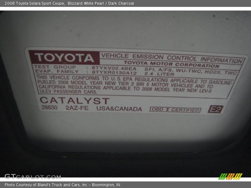 Blizzard White Pearl / Dark Charcoal 2008 Toyota Solara Sport Coupe