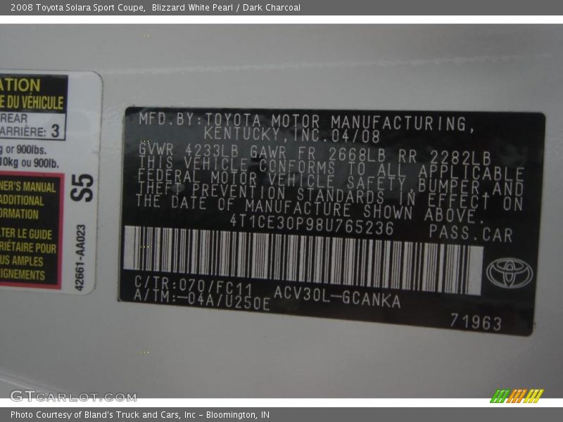 Blizzard White Pearl / Dark Charcoal 2008 Toyota Solara Sport Coupe