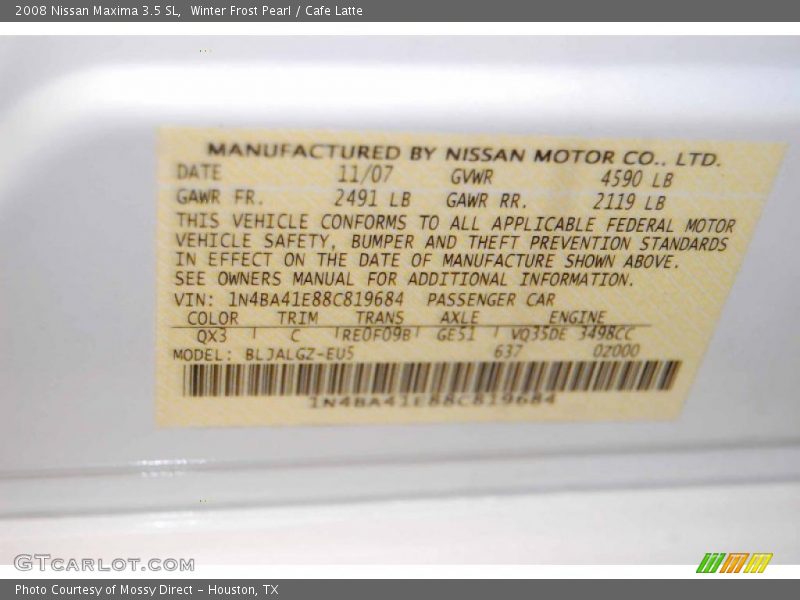 Winter Frost Pearl / Cafe Latte 2008 Nissan Maxima 3.5 SL