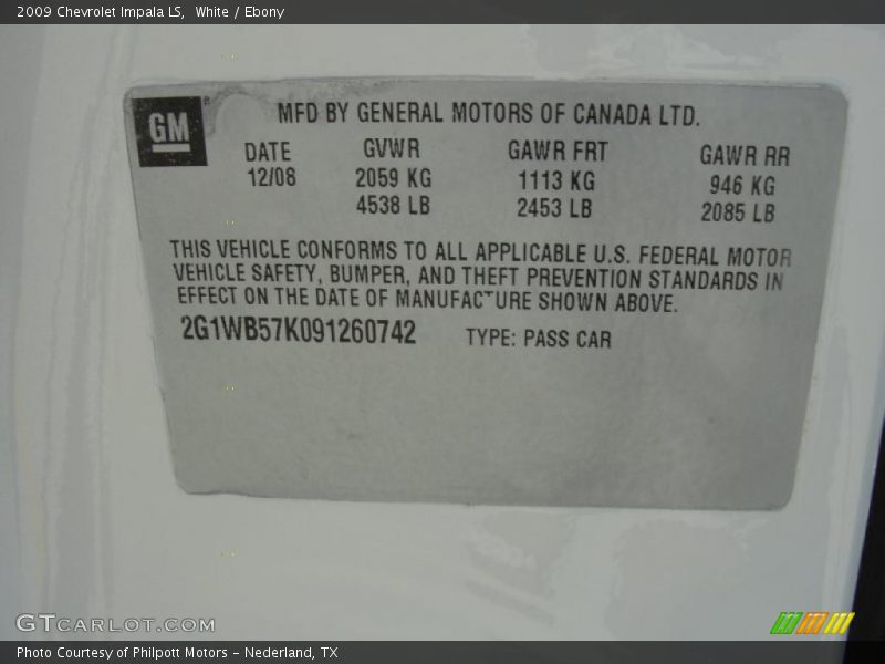 White / Ebony 2009 Chevrolet Impala LS