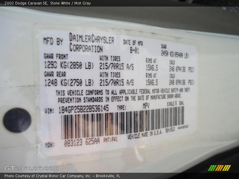 2002 Caravan SE Stone White Color Code PW1