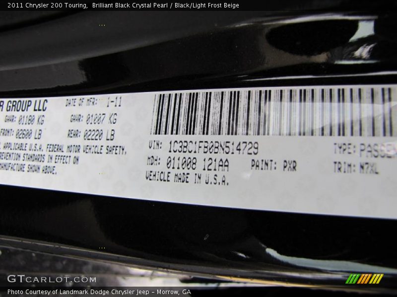 2011 200 Touring Brilliant Black Crystal Pearl Color Code PXR