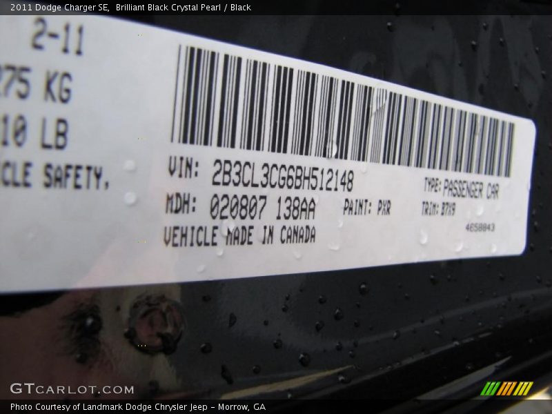 Brilliant Black Crystal Pearl / Black 2011 Dodge Charger SE