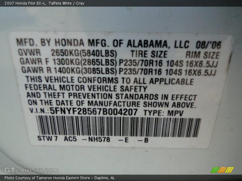 Taffeta White / Gray 2007 Honda Pilot EX-L