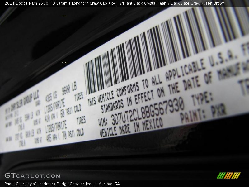 2011 Ram 2500 HD Laramie Longhorn Crew Cab 4x4 Brilliant Black Crystal Pearl Color Code PXR