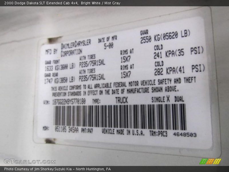 2000 Dakota SLT Extended Cab 4x4 Bright White Color Code PW7