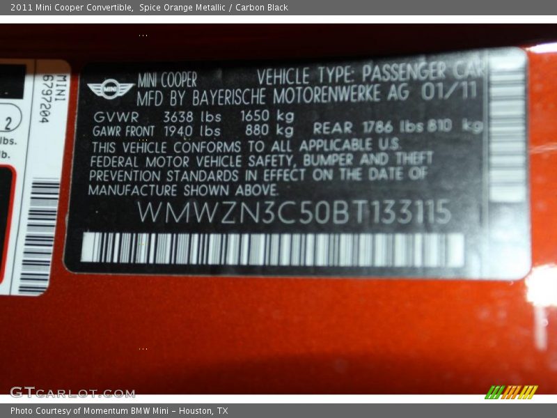 Spice Orange Metallic / Carbon Black 2011 Mini Cooper Convertible