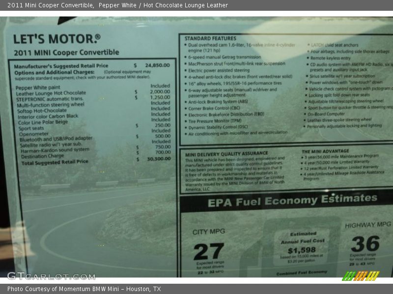Pepper White / Hot Chocolate Lounge Leather 2011 Mini Cooper Convertible