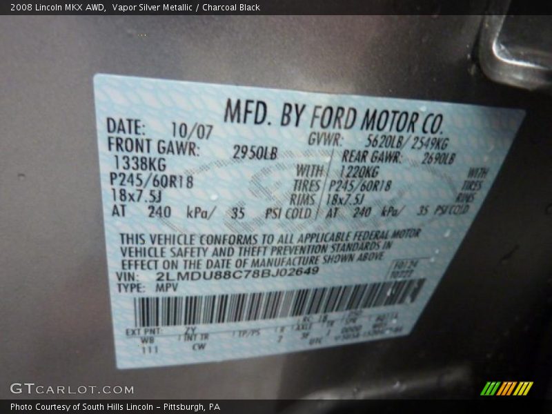 2008 MKX AWD Vapor Silver Metallic Color Code ZY