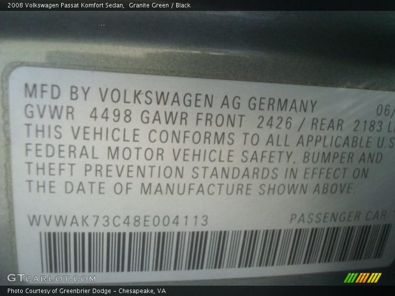 Granite Green / Black 2008 Volkswagen Passat Komfort Sedan