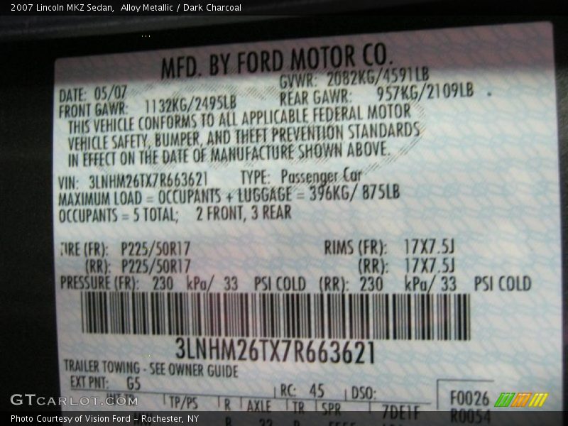 2007 MKZ Sedan Alloy Metallic Color Code G5