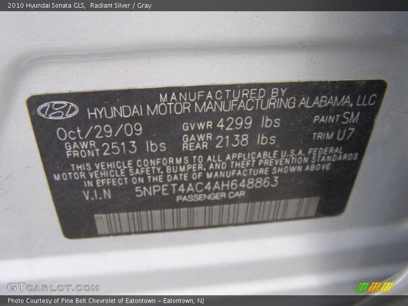 Radiant Silver / Gray 2010 Hyundai Sonata GLS