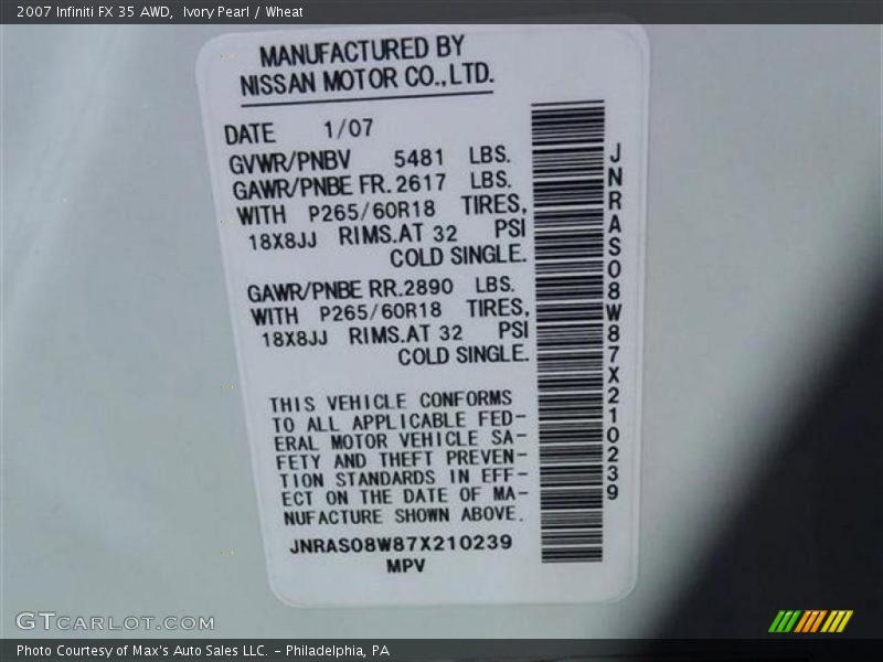 Ivory Pearl / Wheat 2007 Infiniti FX 35 AWD