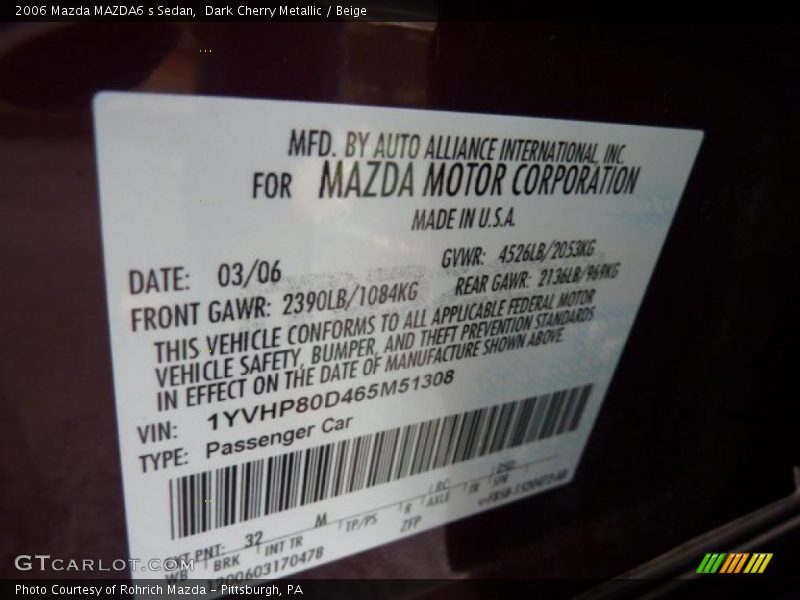 2006 MAZDA6 s Sedan Dark Cherry Metallic Color Code 32M