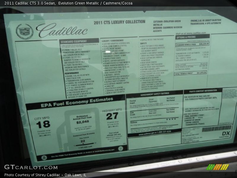  2011 CTS 3.0 Sedan Window Sticker