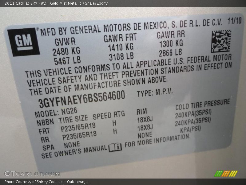 Gold Mist Metallic / Shale/Ebony 2011 Cadillac SRX FWD