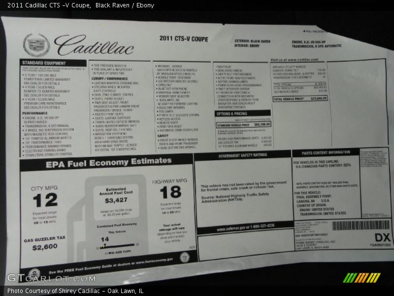  2011 CTS -V Coupe Window Sticker