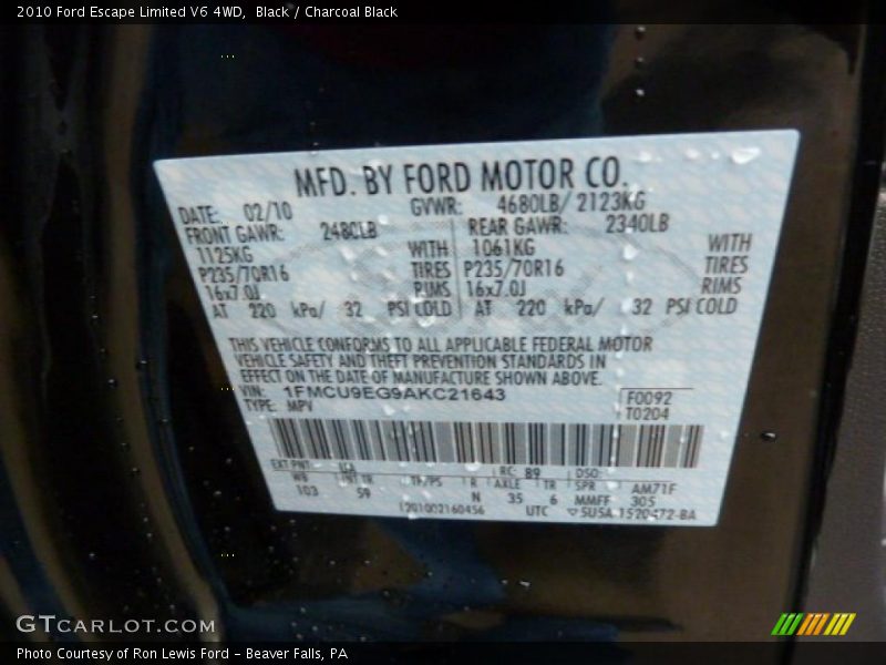 Black / Charcoal Black 2010 Ford Escape Limited V6 4WD