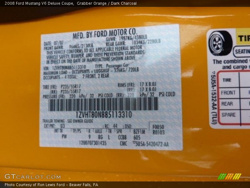 2008 Mustang V6 Deluxe Coupe Grabber Orange Color Code U3