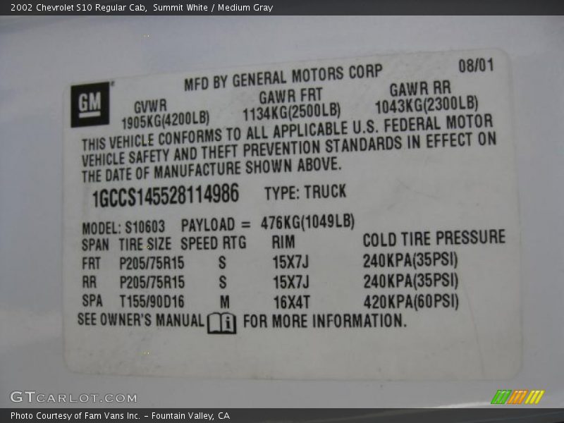 Info Tag of 2002 S10 Regular Cab