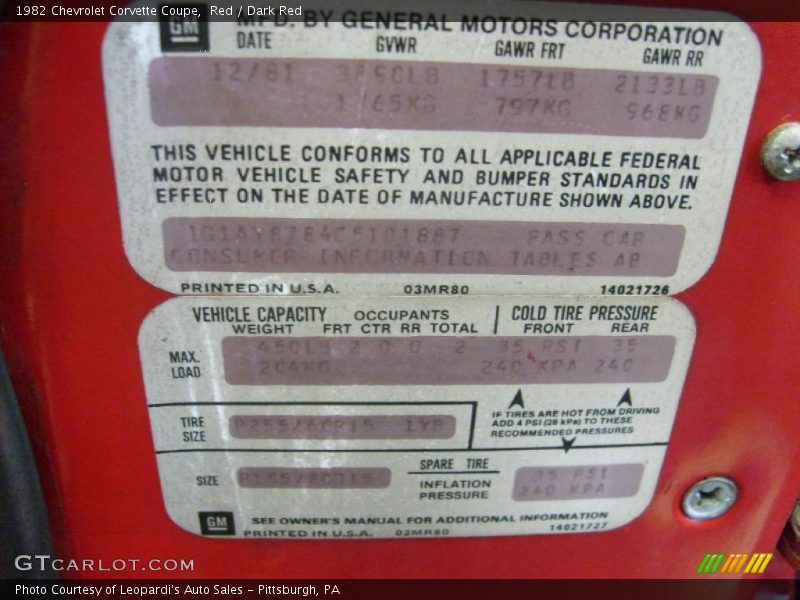 Info Tag of 1982 Corvette Coupe