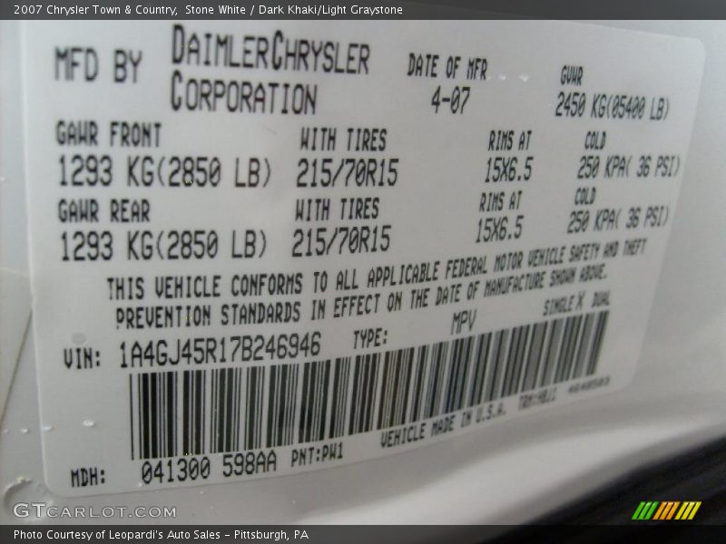 Stone White / Dark Khaki/Light Graystone 2007 Chrysler Town & Country