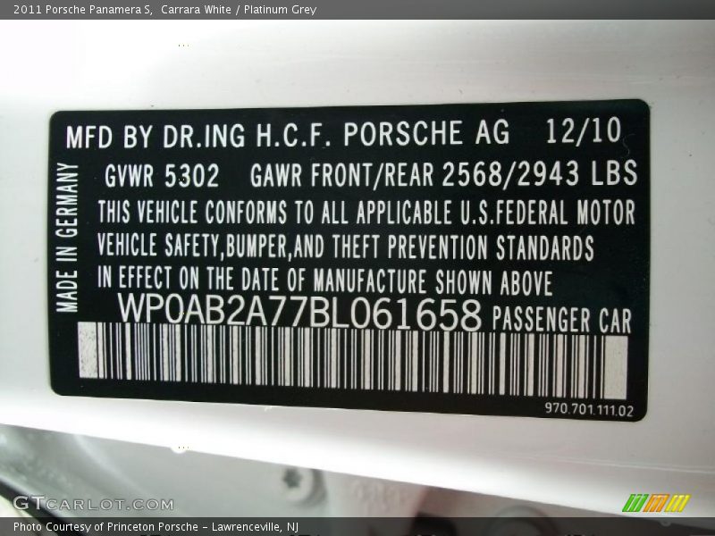 Info Tag of 2011 Panamera S