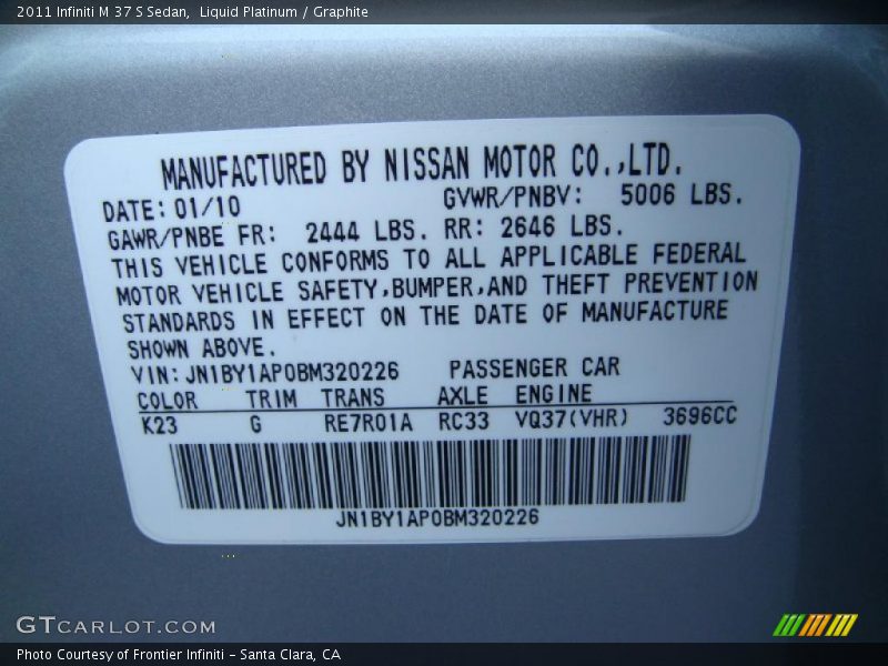 2011 M 37 S Sedan Liquid Platinum Color Code K23
