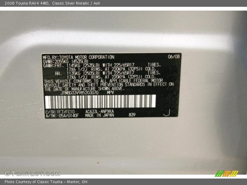 Classic Silver Metallic / Ash 2008 Toyota RAV4 4WD