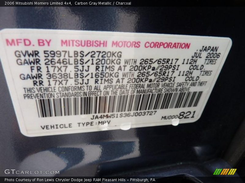 Info Tag of 2006 Montero Limited 4x4