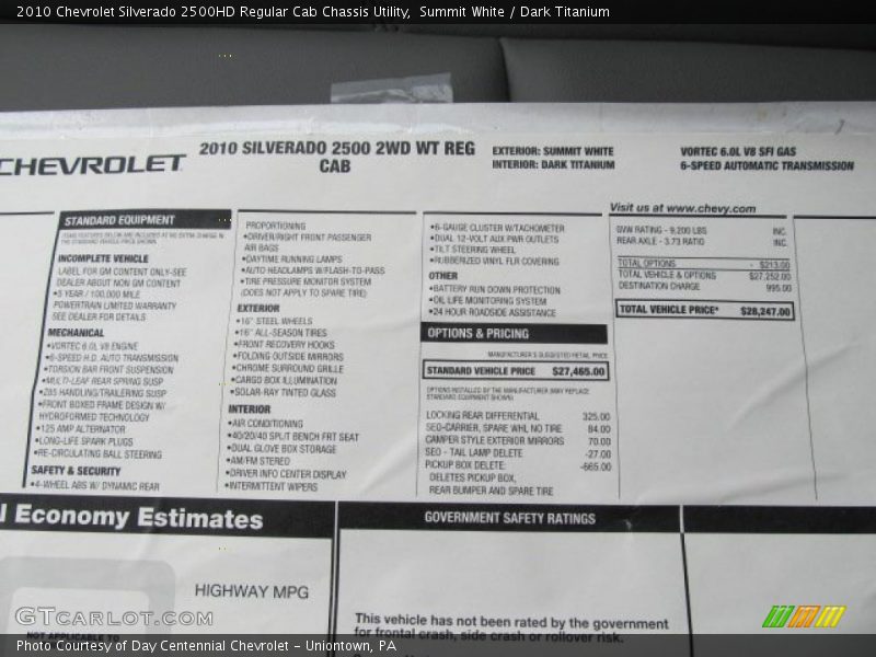  2010 Silverado 2500HD Regular Cab Chassis Utility Window Sticker