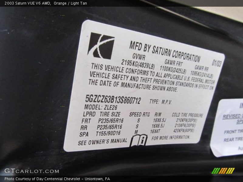 Orange / Light Tan 2003 Saturn VUE V6 AWD