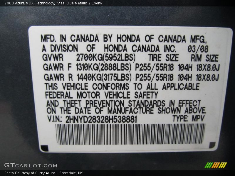 Steel Blue Metallic / Ebony 2008 Acura MDX Technology