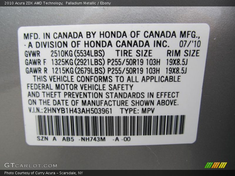 2010 ZDX AWD Technology Palladium Metallic Color Code NH743M
