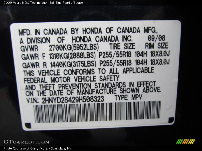 Bali Blue Pearl / Taupe 2009 Acura MDX Technology