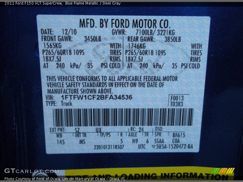 2011 F150 XLT SuperCrew Blue Flame Metallic Color Code SZ