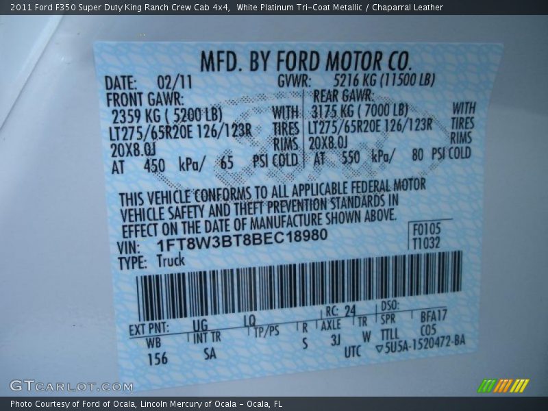 2011 F350 Super Duty King Ranch Crew Cab 4x4 White Platinum Tri-Coat Metallic Color Code UG