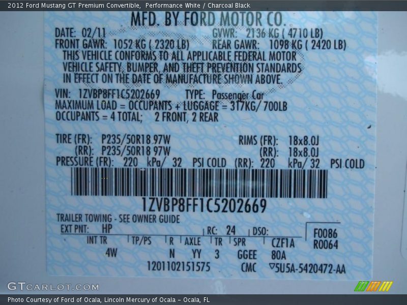 2012 Mustang GT Premium Convertible Performance White Color Code HP