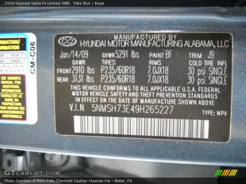 Slate Blue / Beige 2009 Hyundai Santa Fe Limited 4WD