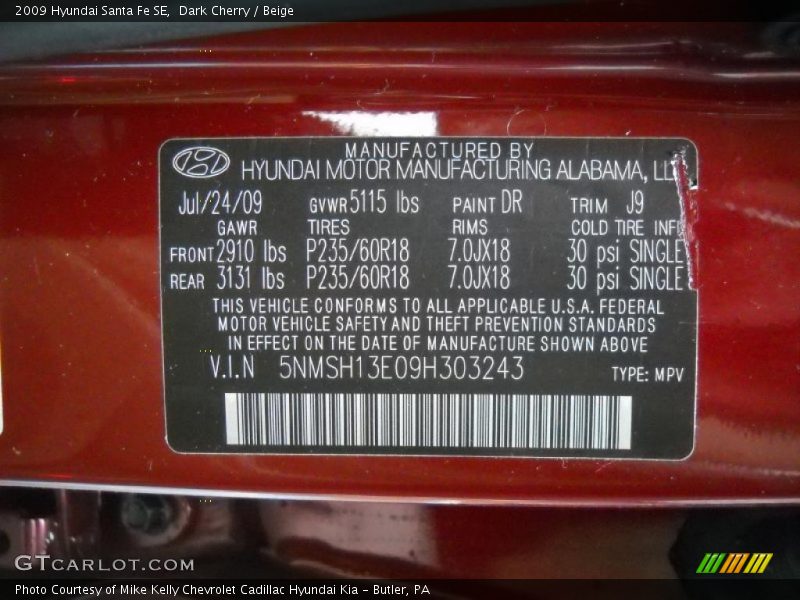 Dark Cherry / Beige 2009 Hyundai Santa Fe SE