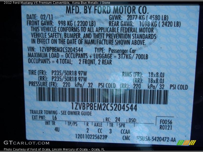 2012 Mustang V6 Premium Convertible Kona Blue Metallic Color Code L6