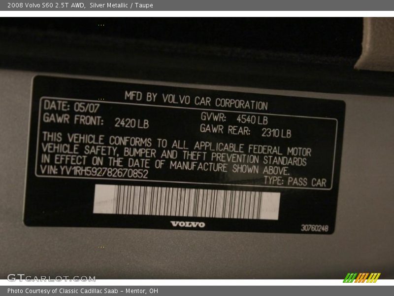 Info Tag of 2008 S60 2.5T AWD