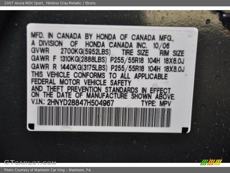 Nimbus Gray Metallic / Ebony 2007 Acura MDX Sport