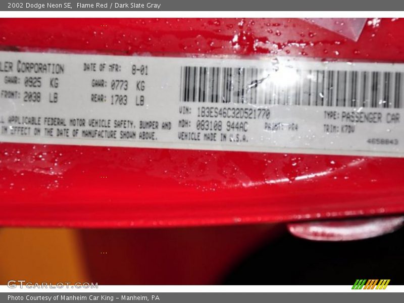 Flame Red / Dark Slate Gray 2002 Dodge Neon SE